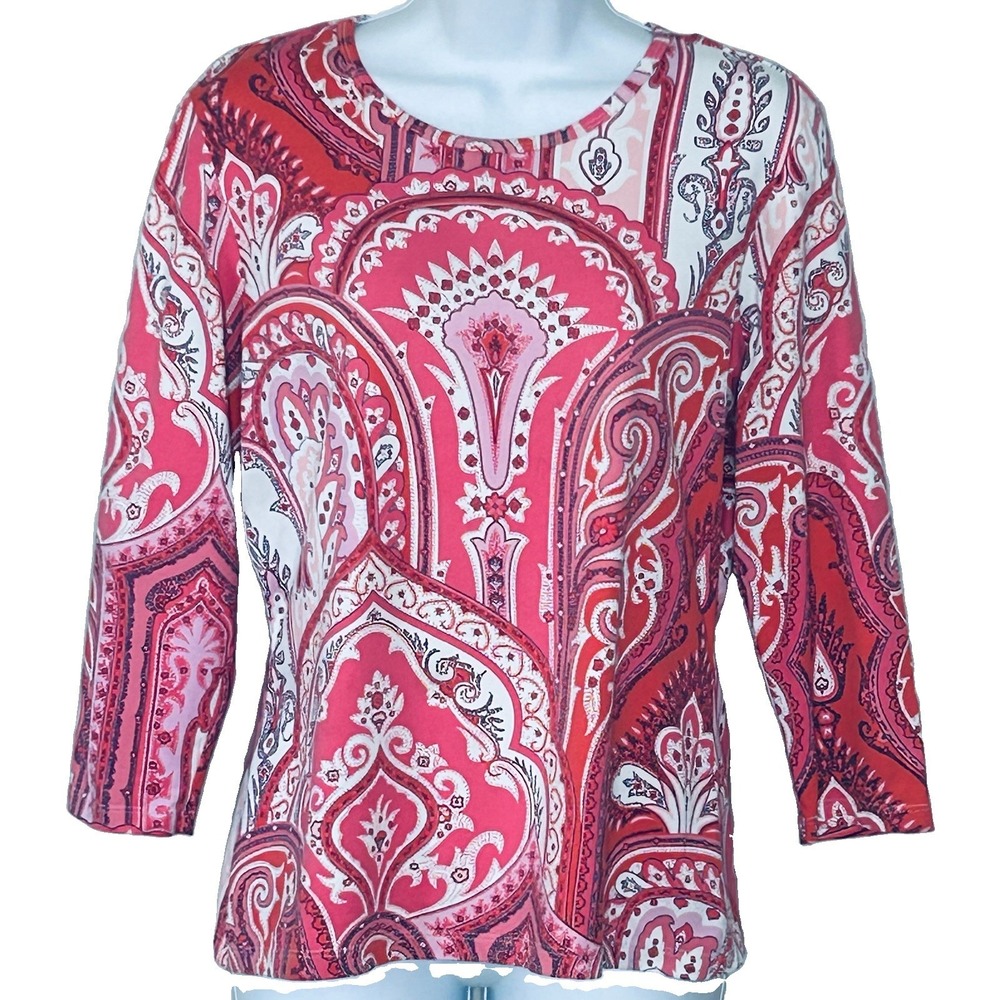 J McLaughlin Catalina Cloth Top Size M Pink Medallion Stretch 3/4 Sleeves